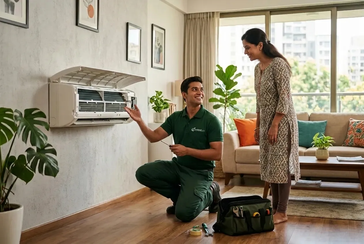 Onkaal technician explaining an AC repair to a customer at home